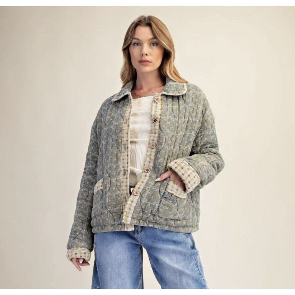 Easel Womens Oversized Gingham Plaid Quilted Jacket Sage Green Shacket Boho L